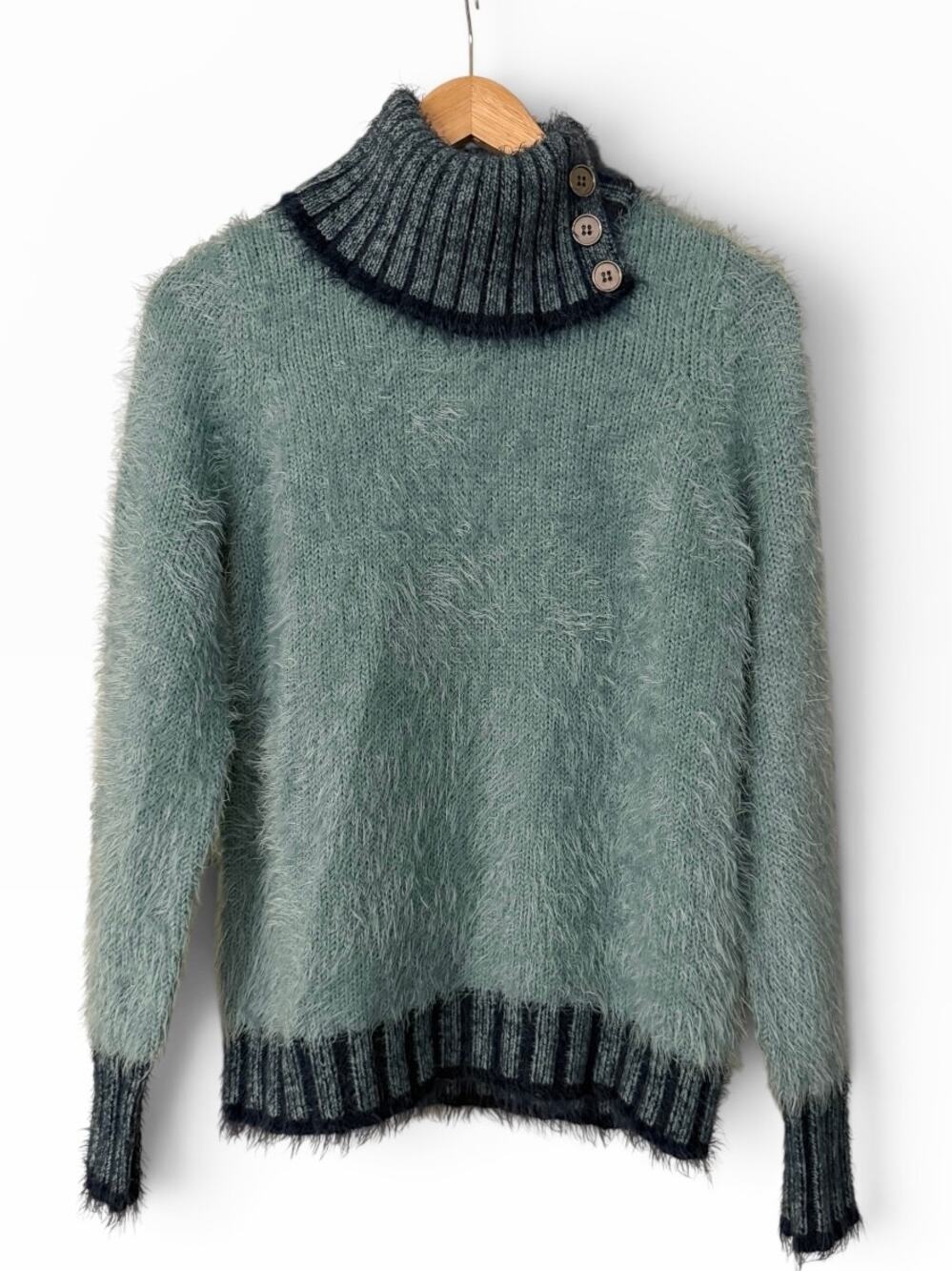 Marble Eyelash Knit Split Neck Sweater Duck Egg Blue XS Button Collar